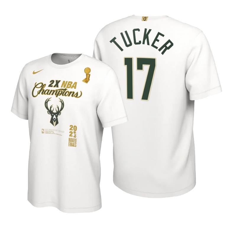 Men's Milwaukee Bucks #17 P.J. Tucker 2021 White Finals Champions Locker Room T-Shirt